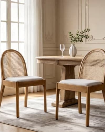 NÉVA arched cane dining chairs with upholstered seats in an elegant dining room.