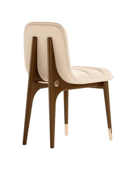 ELARA premium dining chair with a walnut wooden frame, ivory upholstered seat and back, and tapered legs on a white background.