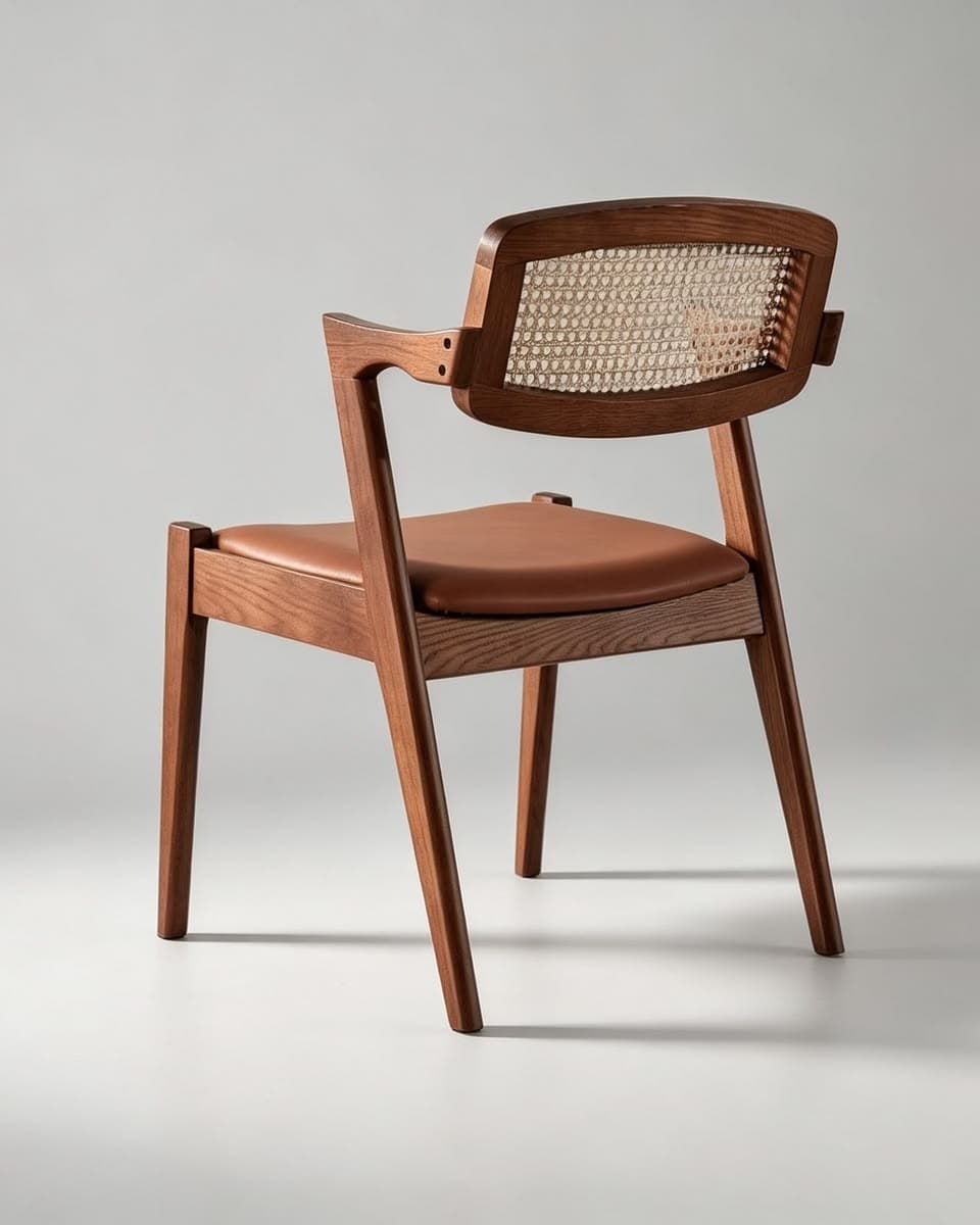 NOÉ premium cane dining armchair with sculpted wooden frame, natural cane backrest and brown leatherette seat in a neutral interior.