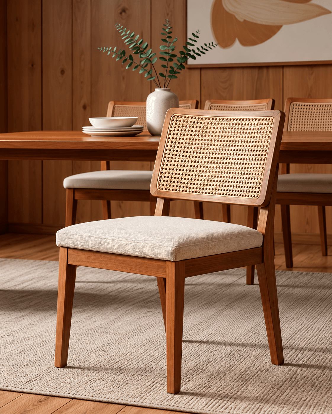 RIVA premium cane dining chair styled in a warm dining room with a woven cane back and upholstered seat.