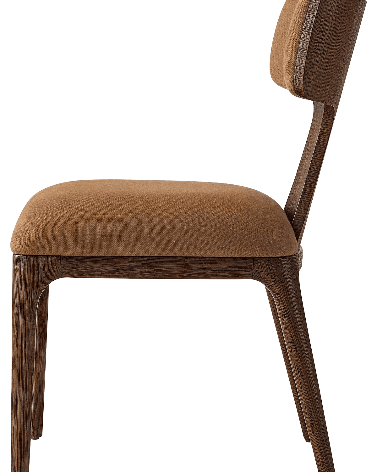 ARCO premium wooden dining chair with curved timber back, brown upholstered seat and tapered walnut-finish legs.
