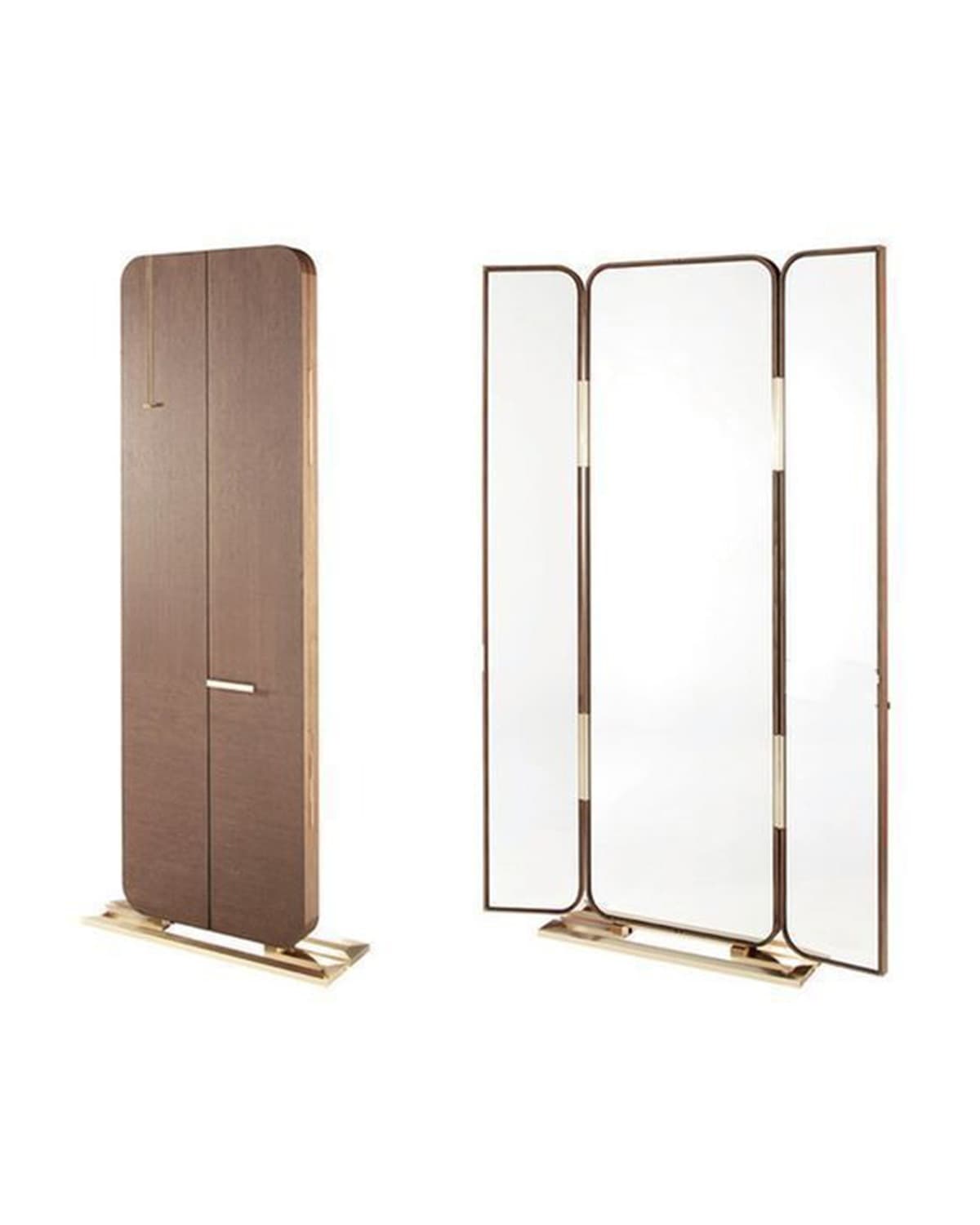 RasaHaus REFLET sculptural three-panel floor mirror with wood and brass frame