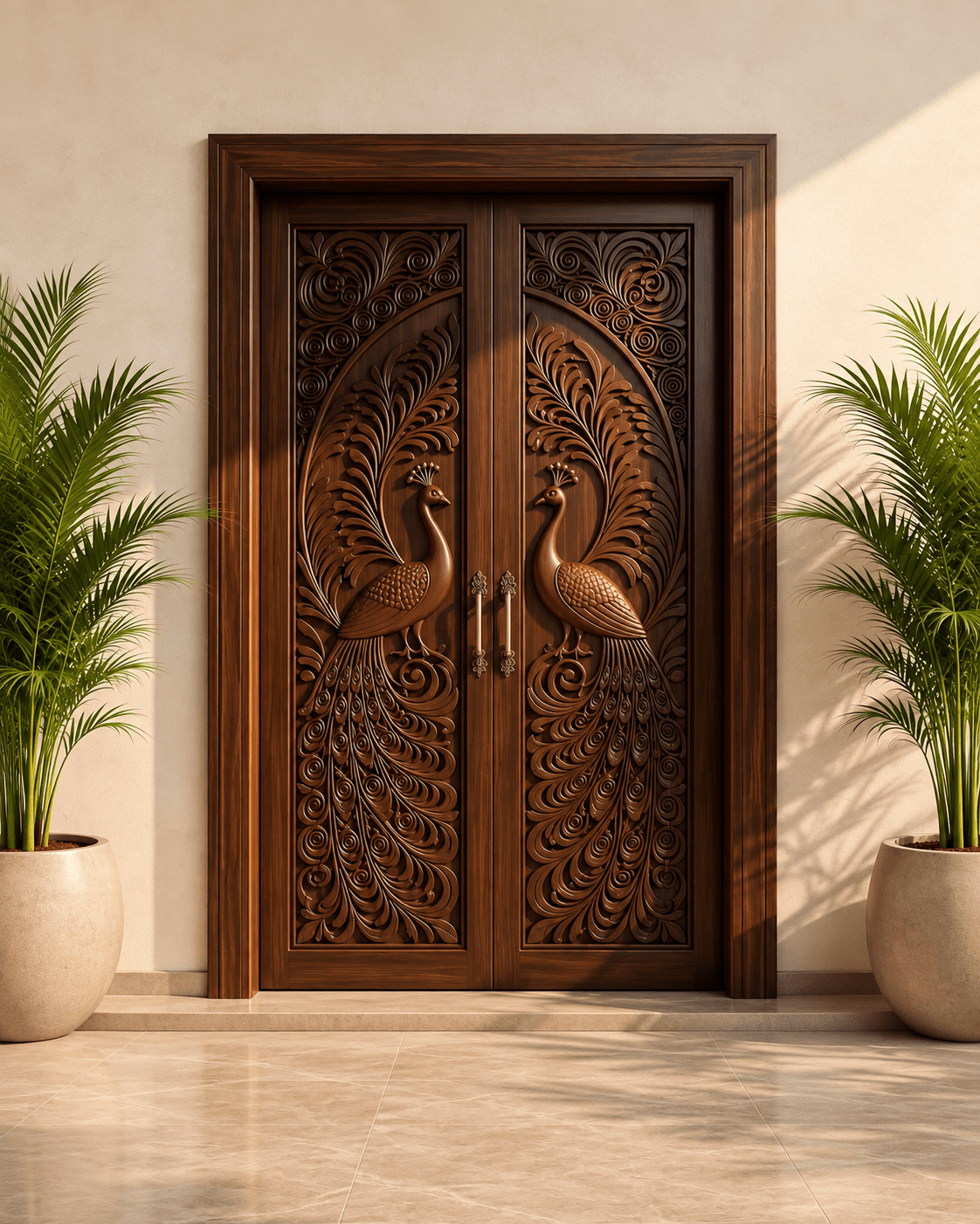 Peacock Carved Double Main Door installed at a luxury entrance, featuring symmetrical peacock carvings, botanical motifs and decorative handles.