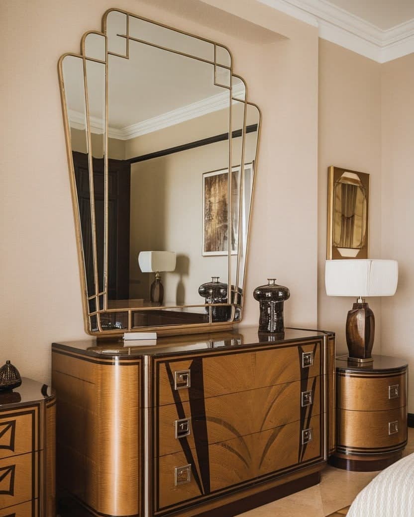 Arcelle geometric gold wall mirror styled above a wooden dresser in an elegant bedroom interior