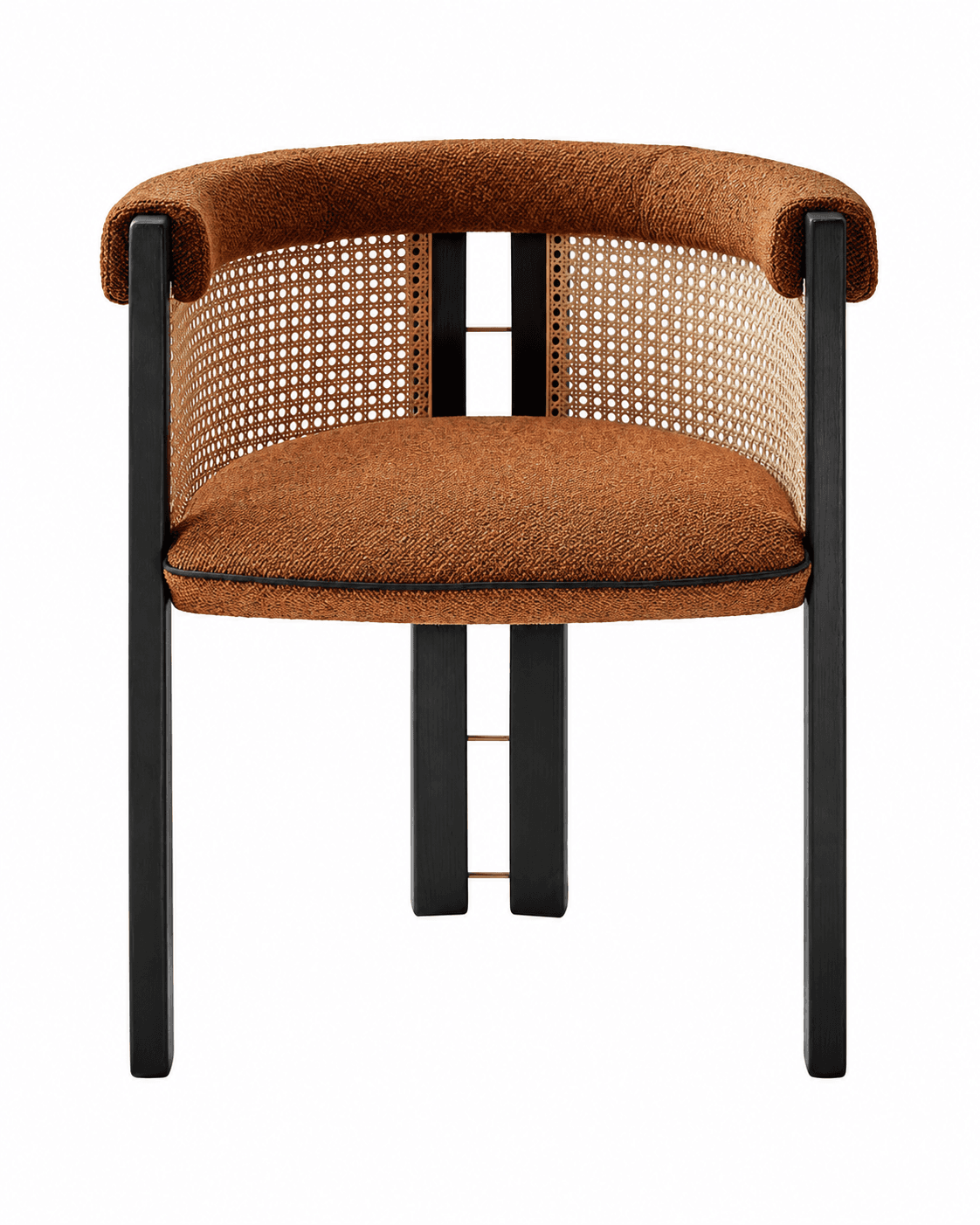 MIRA premium dining armchair with a dark wooden frame, natural cane backrest and brown upholstered seat.