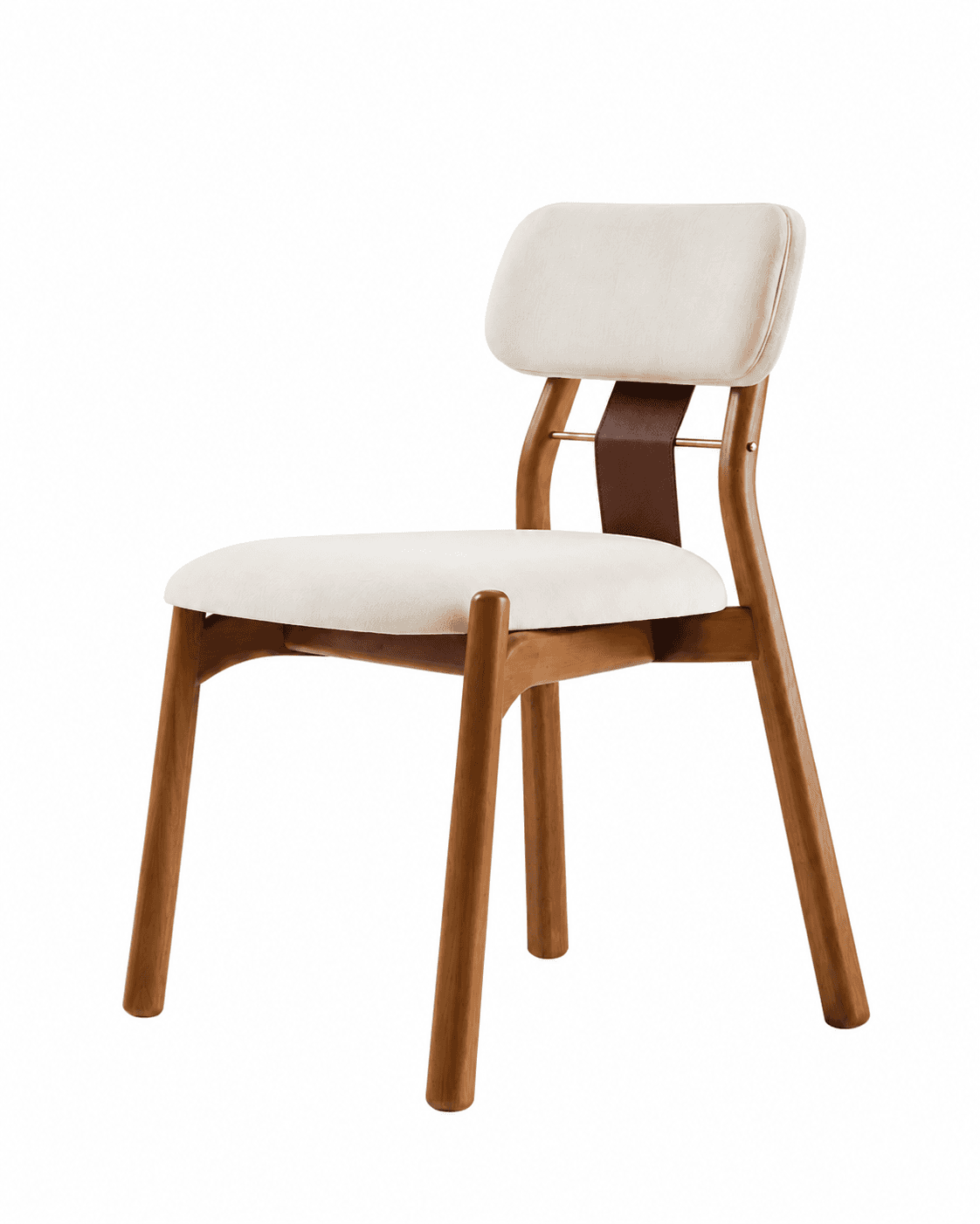 LINA premium wooden dining chair with curved wooden frame, upholstered cream seat and back, and natural walnut finish.