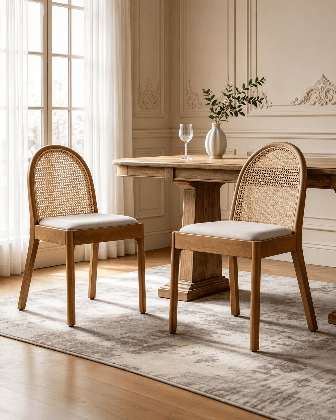 NÉVA arched cane dining chairs with upholstered seats in an elegant dining room.
