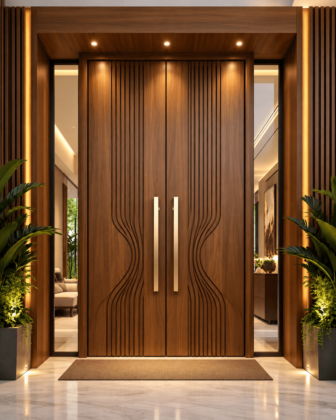 Fluted Wave Double Main Door installed in a luxury entrance foyer with warm walnut-toned wood, sculptural wave detailing, metallic handles and side glazing.