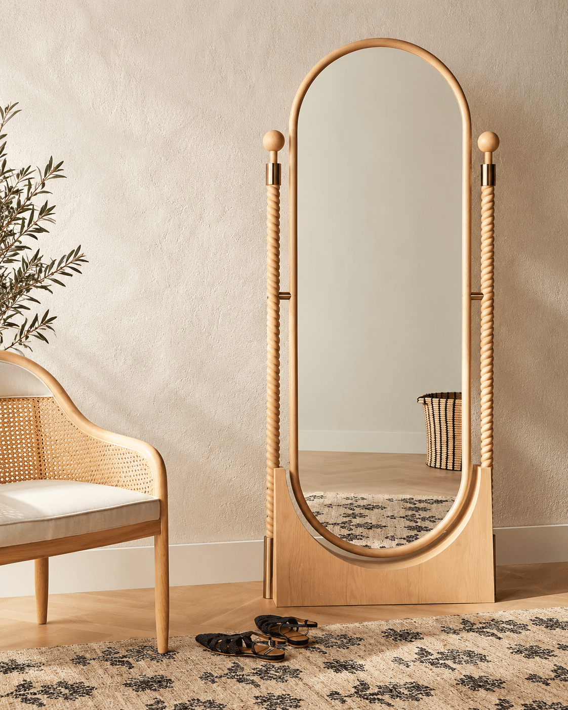 ARCO Twist full-length wooden mirror with rope detailing in an elegant interior by rasahaus