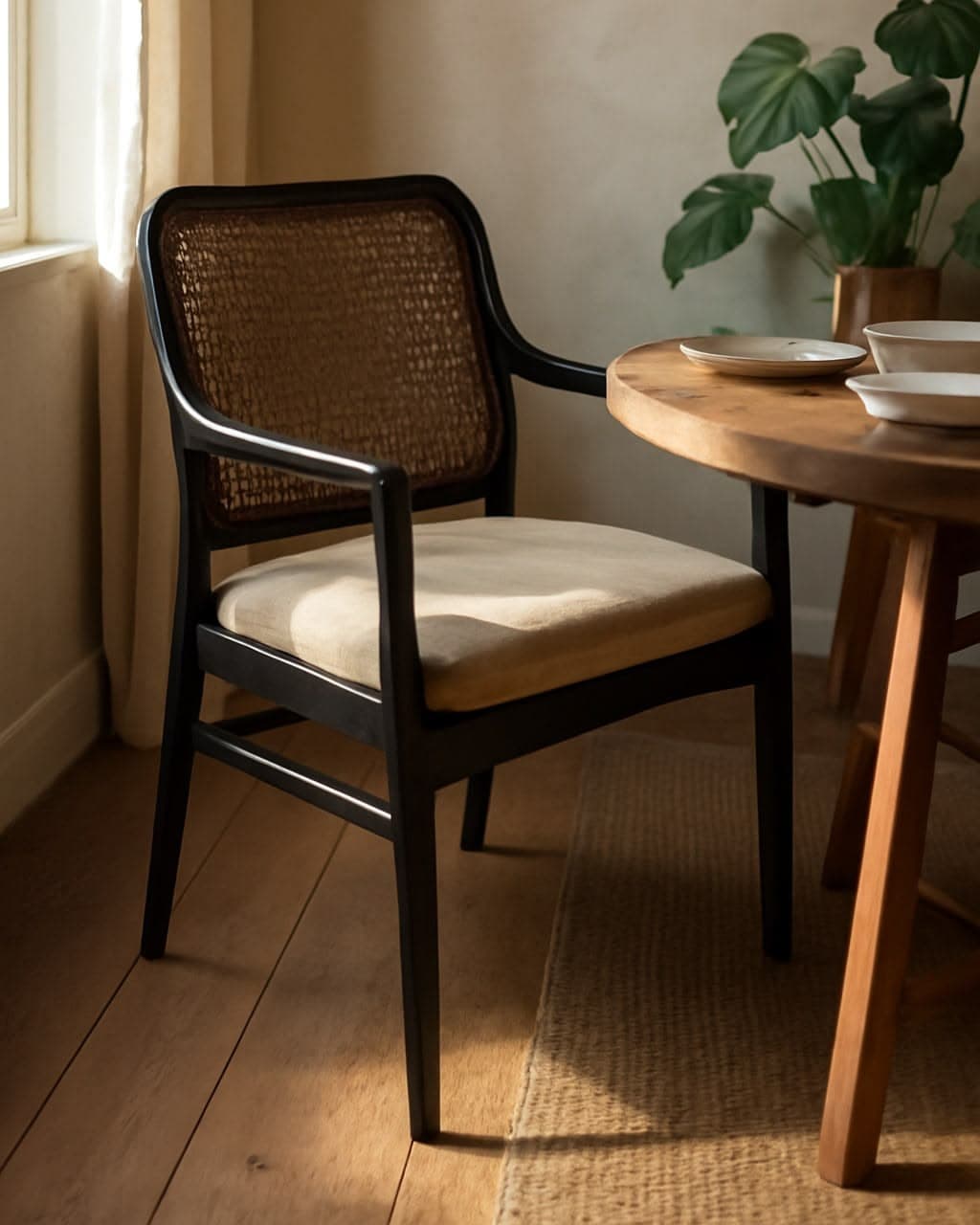 SOLÈNE premium cane dining armchair styled beside a dining table, featuring a dark timber frame and beige upholstered seat.