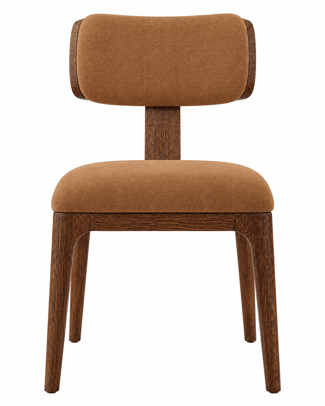 ARCO premium wooden dining chair with curved timber back, brown upholstered seat and tapered walnut-finish legs.