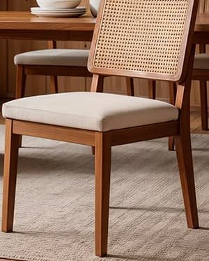 RIVA premium cane dining chair styled in a warm dining room with a woven cane back and upholstered seat.