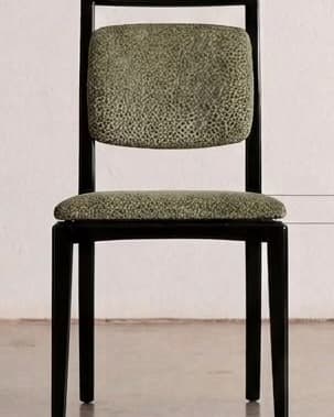 VERA premium dining chair with black wooden frame, textured olive-green upholstered seat and compact padded backrest shown from the front.