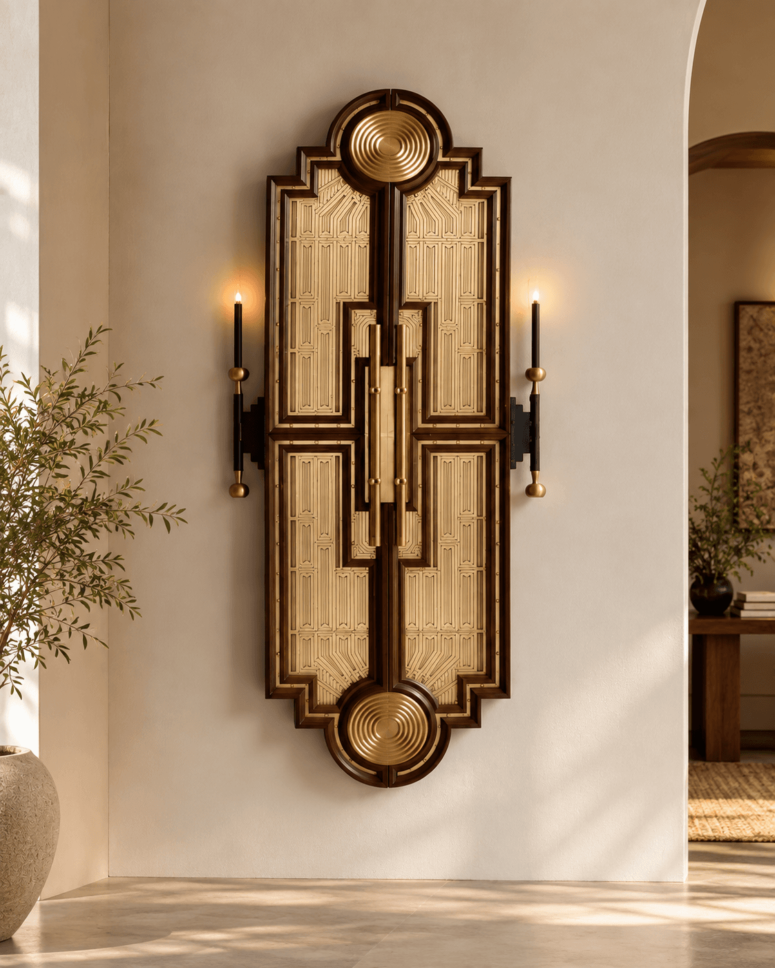 VISTA multi-panel wall mirror mounted on a wall, shown with its side panels opened and architectural wooden and brass detailing.